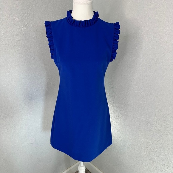 Alice + Olivia Blue Ruffle Mock Neck Sleeveless Mini Dress Size 2 - Picture 1 of 8
